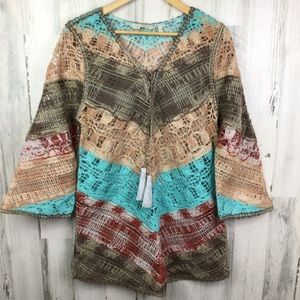 SOFT SURRUNDINGS Open Knit CROCHET BOHO DRESS  Tunic Tassels Bell Long Sleeve M